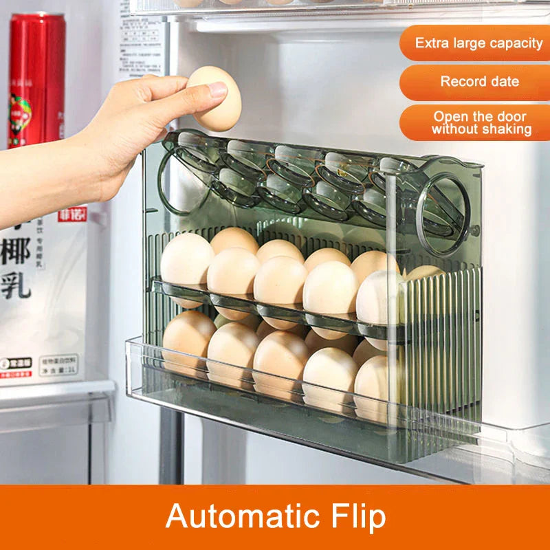 DecorBites™ 30-Grid Egg Holder Dispenser for Refrigerator: Large Capacity Auto-Flip Container