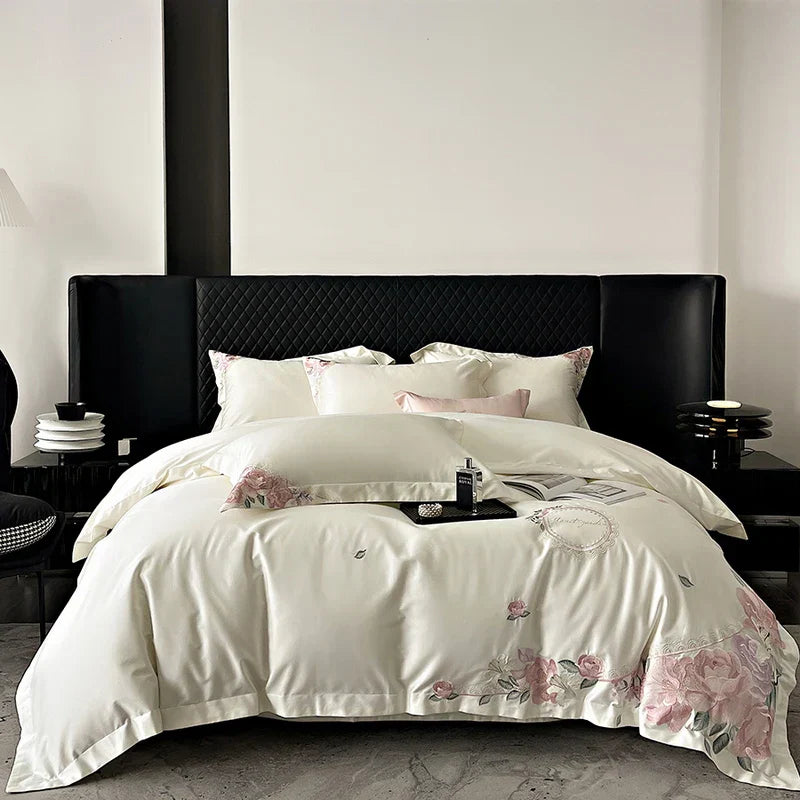 DecorBites™ French Flowers Embroidery Luxury Bedding Set in 1000TC Egyptian Cotton
