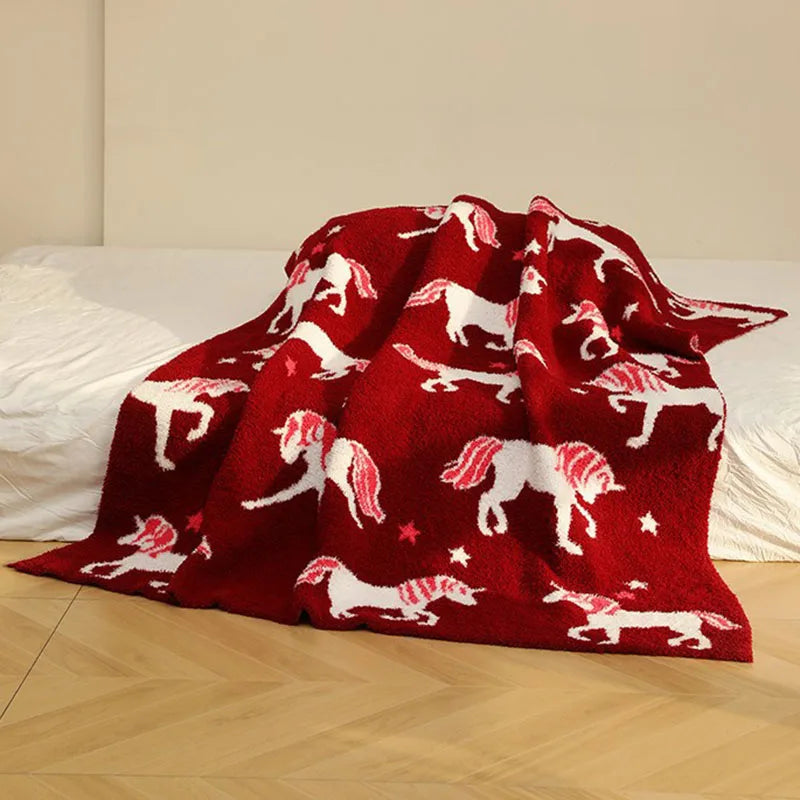 Decorbites™ Klasse-A Halb-Fleece Rotes Einhorn-Decke – Warm, Gemütlich, Ganzjährige Steppdecke