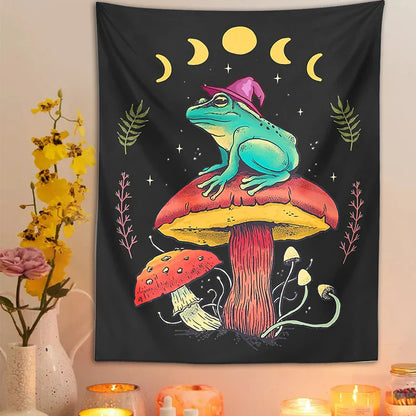 Decorbites™ Frosch auf Pilz Tapisserie Wandbehang: Ästhetisch, Magisch, Zauberer, Cottagecore, Boho, Hippie, Mondphasen