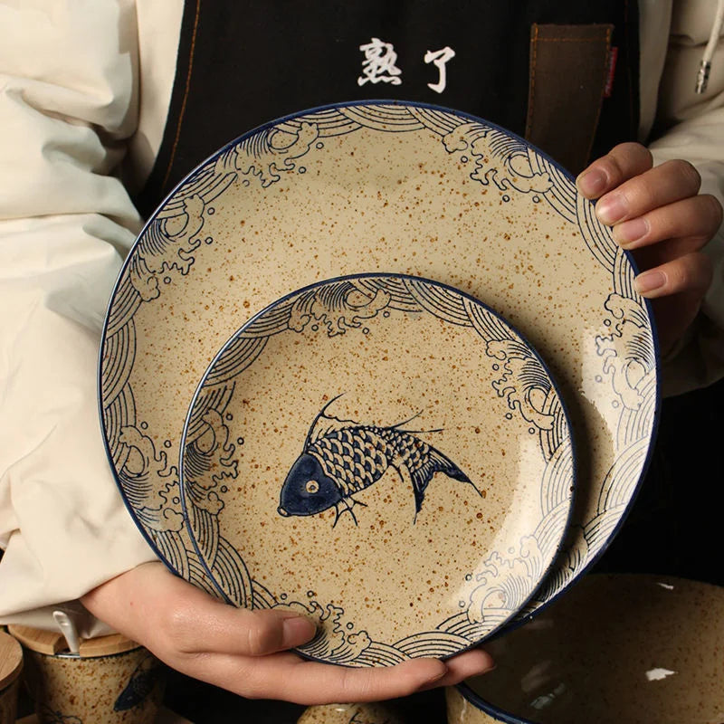 Decorbites™ Japanisches Fischdruck-Keramik-Tischgeschirr - Speziell geformtes Set mit großen Tellern