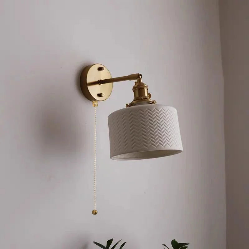 DecorBites™ Copper LED Sconce Wall Lamp Pull Chain Switch Nordic Modern Ceramic Mirror Light