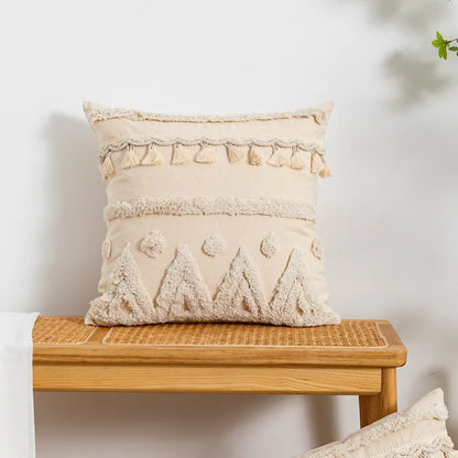 Decorbites™ Beige Wabi-sabi Quastenbesetzte Fransen Geometrische Troddel Baumwolle Leinen Kissenbezug