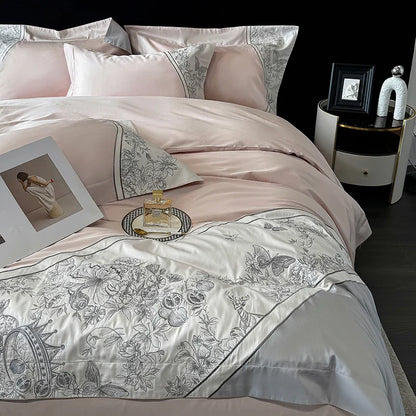 Decorbites™ Luxus-Schmetterlingsblumen-Stickerei-Bettwäsche-Set mit Steppdecke Bezug Laken Kissenbezügen 4Stk