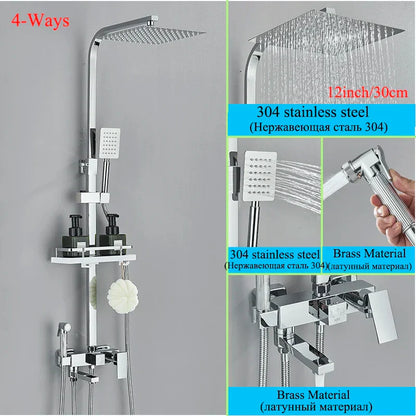 Decorbites™ Schwarze Messing-Duscharmatur-Set mit drehbarem Badewannen-Auslauf und Regendusche-Säule