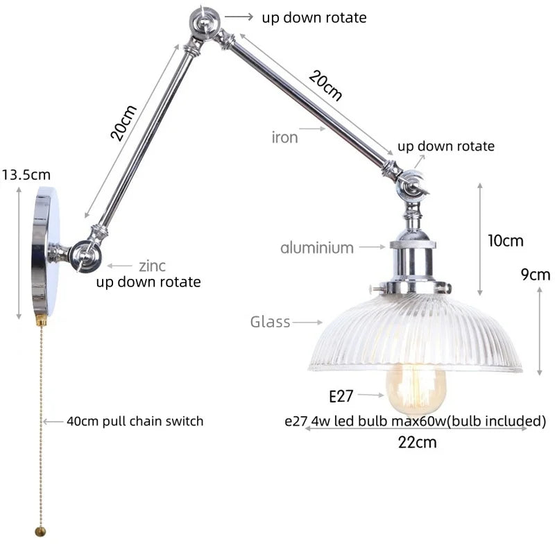 Decorbites™ Industrielles Loft Schwenkarm-LED-Wandleuchte Glas Vintage Spiegel-Lampe