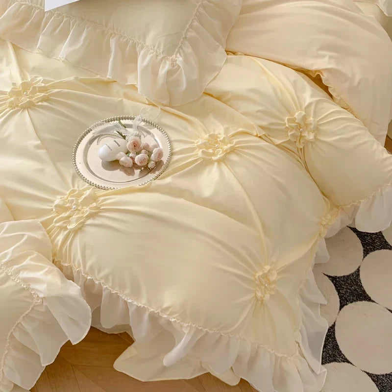 Decorbites™ Spitzen-Prinzessin-Bettwäsche-Set: Romantische Rüschen & Schleifen-Duvetbezug, Laken, Kissenbezüge