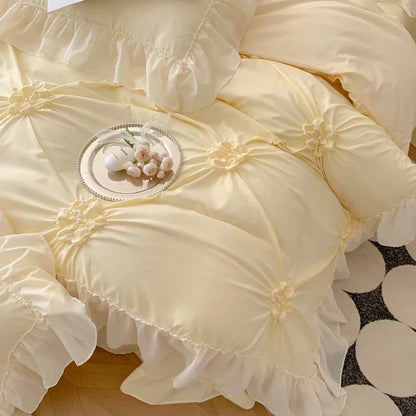 Decorbites™ Spitzen-Prinzessin-Bettwäsche-Set: Romantische Rüschen & Schleifen-Duvetbezug, Laken, Kissenbezüge