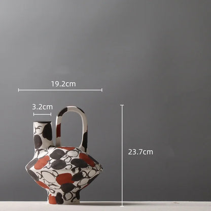 DecorBites™ Geometric Graffiti Ceramic Vase with Handles for Home Decor and Floral Arrangements.