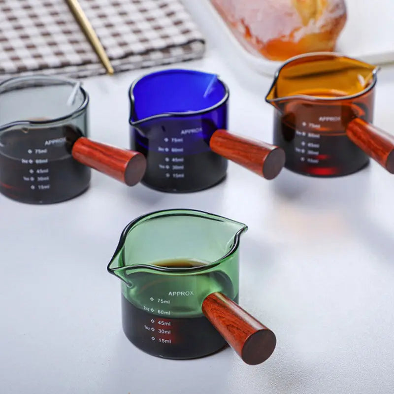 DecorBites™ Glass Double Mouth Espresso Measuring Cup with Wooden Handle Scale Mug