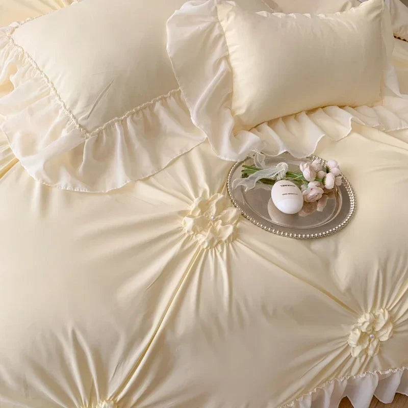 Decorbites™ Spitzen-Prinzessin-Bettwäsche-Set: Romantische Rüschen & Schleifen-Duvetbezug, Laken, Kissenbezüge