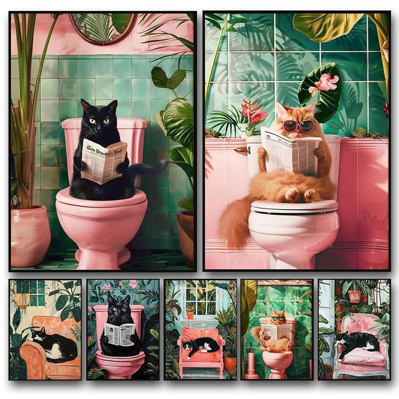 Funny Cat on Toilet Wall Art Cat Reading Newspaper Canvas Posters Print Picture for Home Bathroom Living Room Decor No Frame