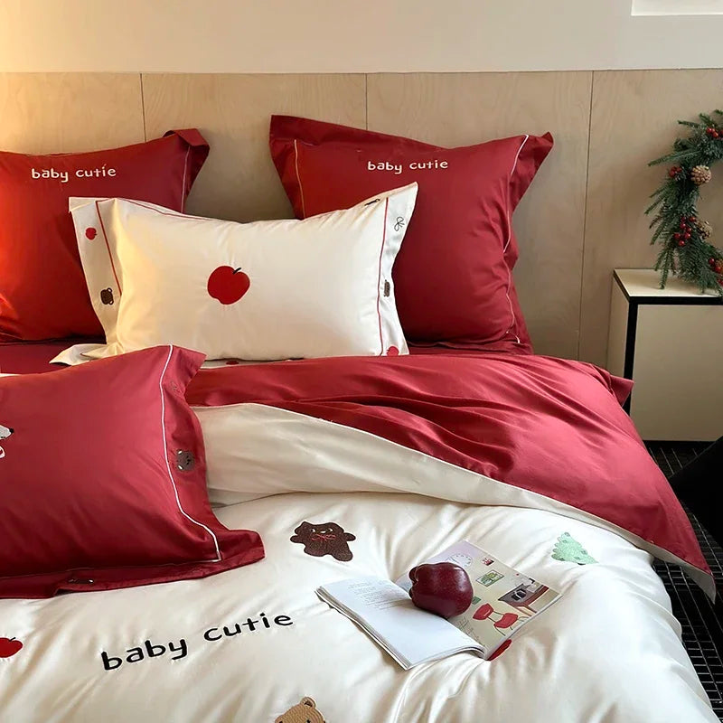 DecorBites™ King Bear Embroidered Cotton Bedding Set - Luxury Duvet Cover with Bed Sheet