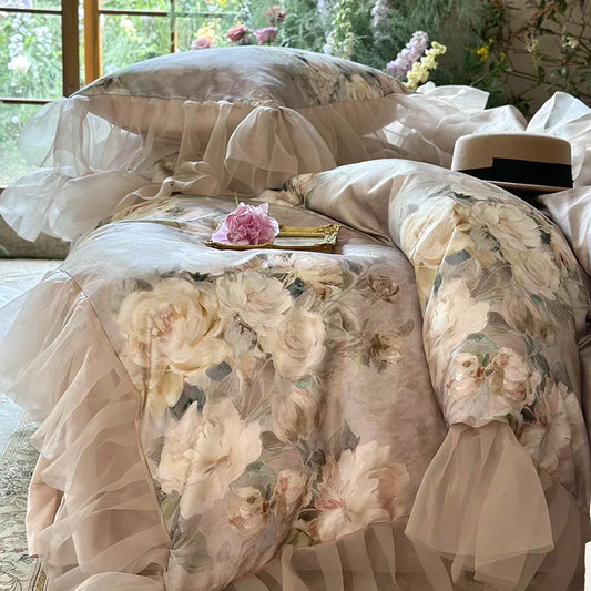 Decorbites™ Französische Blumen-Spitzen-Volants-Bettwäsche-Set aus seidig weichem Lyocell-Baumwolle