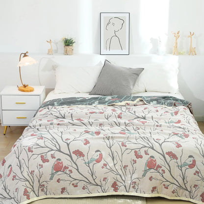 Decorbites™ Japanische Baumwoll-Einzelbettüberwurf mit Kissenhandtuch - Design mit Blumen und Vögeln