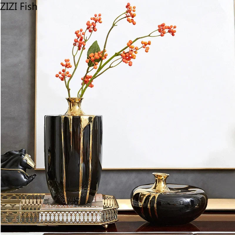 Decorbites™ Elegante schwarze Gold-Keramikvase für moderne Luxusblumen-Dekoration
