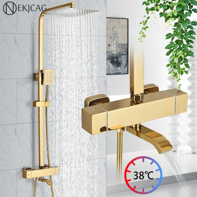 Decorbites™ Golden Thermostatisches Duscharmatur-Set mit Regendusche-Säule und 3-Wege-Mischer