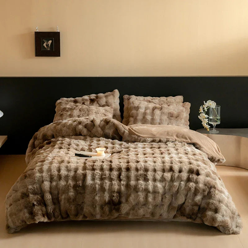 DecorBites™ Luxe Faux Fur & Velvet Patchwork Bedding Set - Duvet, Sheet & Pillowcases