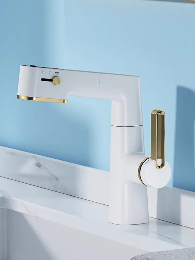Decorbites™ LED-Waschtischarmatur mit Ausziehbarer Brause Weißgold Wasser-Mischer Spülbeckenhahn