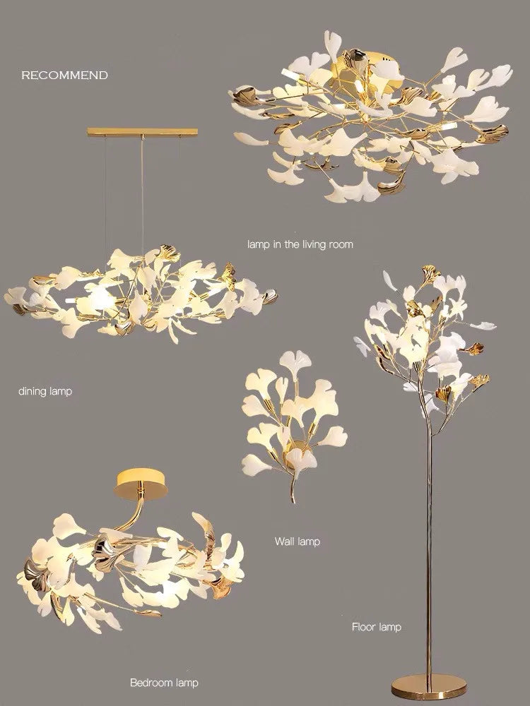 Gold Branch Chandelier 125cm Porcelain Leaves
