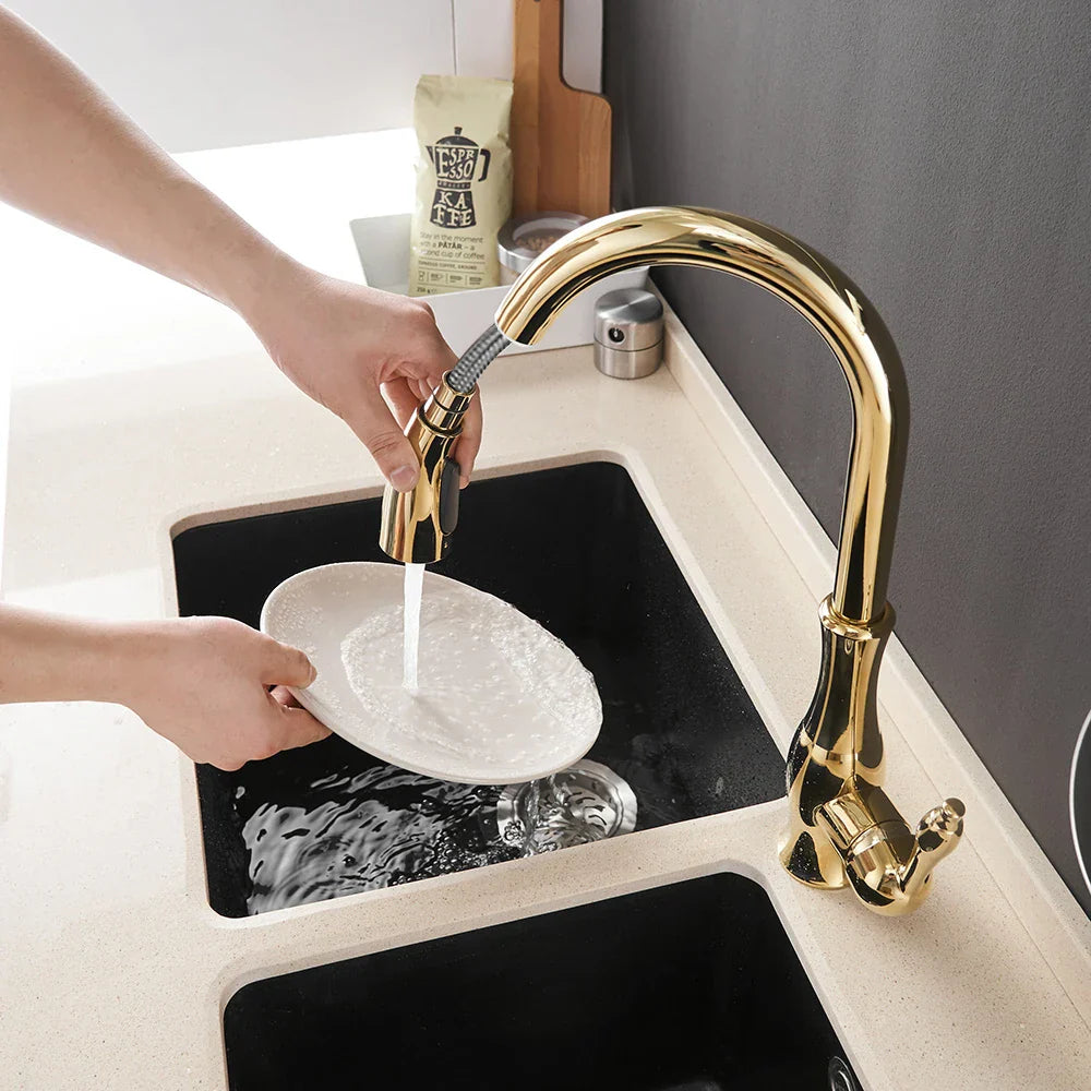 Gold Pull-Out Kitchen Faucet With Smooth Operation