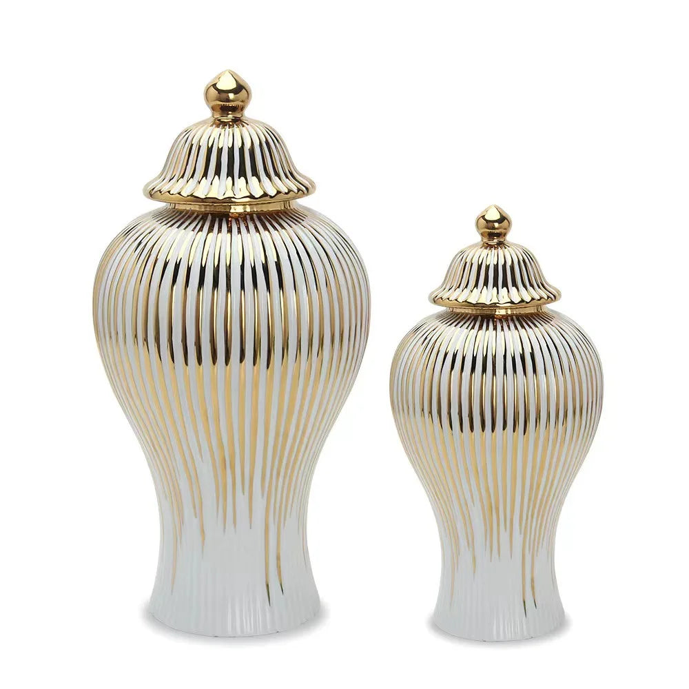 DecorBites™ Gold Striped Ceramic Jar Vase Hand-made Porcelain Home Decor Storage
