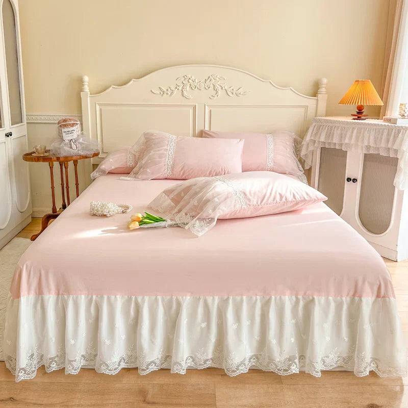 Decorbites™ Französische Prinzessin-Spitzen-Volants-Bettwäsche-Set, 100% Baumwolle, Pink Romantisches Thema