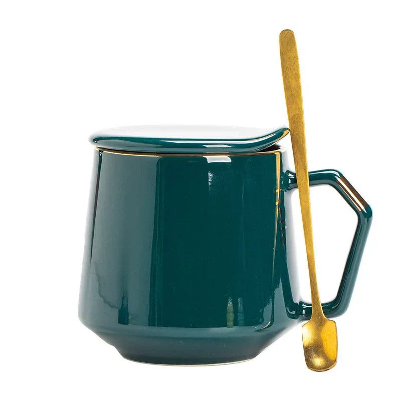 Decorbites™ Goldbemaltes Keramikbecher-Set mit Deckel und Löffel für Kaffee, Wasser, Milch – 400 ml