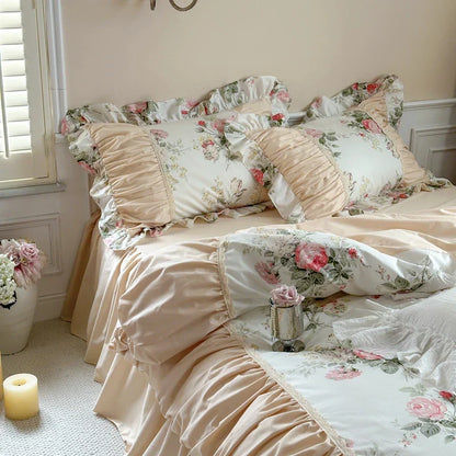 Decorbites™ Koreanische Prinzessin-Stil Blumen-Baumwoll-Bettwäsche-Set mit Rüschen