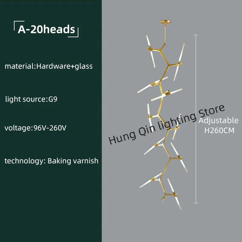 Gold Branch LED Chandelier For Staircase