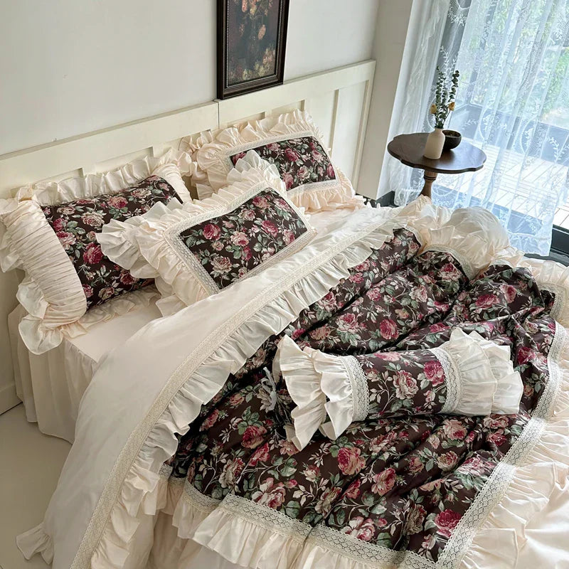 Decorbites™ Französisches Rosenblumenmuster-Bettwäsche-Set, 100% Baumwolle, Rüschen, Daunenbezug, Bettrock