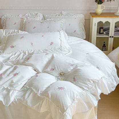 Decorbites™ Koreanische Prinzessin Rosenblumen Spitze Rüschen Bettwäsche-Set – Weiche Baumwollbettbezug