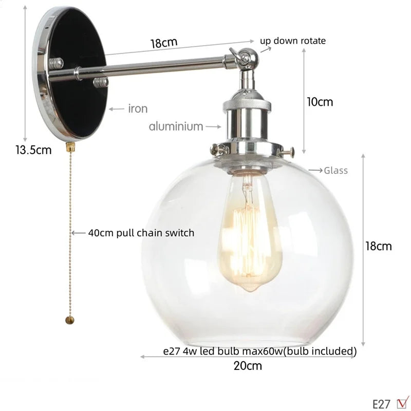 Decorbites™ Glasgloben-LED-Wandleuchte mit einarmiger Armatur Nachttischlampe im Vintage-Industrial-Stil