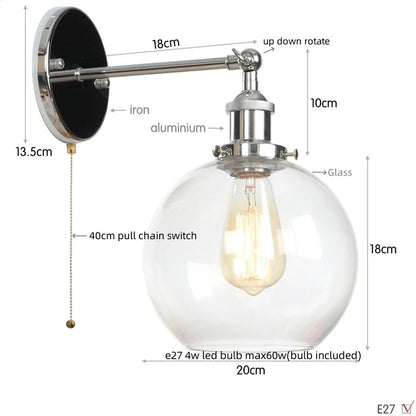 Decorbites™ Glasgloben-LED-Wandleuchte mit einarmiger Armatur Nachttischlampe im Vintage-Industrial-Stil