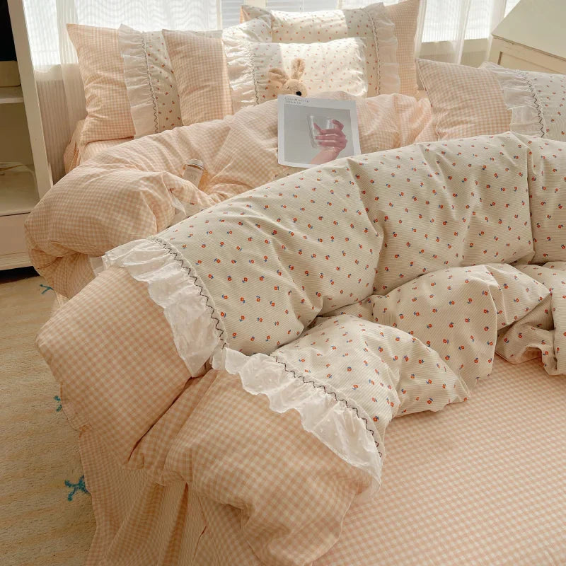 Decorbites™ Baumwoll-Bettwäsche-Set Kleine Blumenmuster Prinzessin - Queensize - Daunendeckelbezug Bettlaken Bettrock Kissenbezüge
