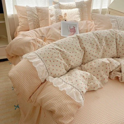 Decorbites™ Baumwoll-Bettwäsche-Set Kleine Blumenmuster Prinzessin - Queensize - Daunendeckelbezug Bettlaken Bettrock Kissenbezüge