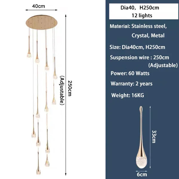 DecorBites™ Crystal LED Staircase Chandelier - Gold Pendant Lamp for Living Room & Lobby