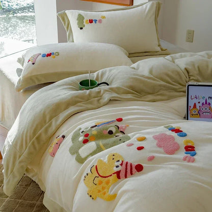DecorBites™ Embroidered Milk Fleece Winter Bedding Set for Warmth & Cozy Comfort