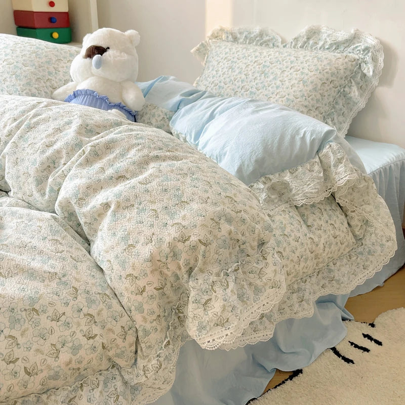 Decorbites™ Korean Lace Ruffles Bettwäsche-Set mit Bettrock, weiches hautfreundliches Material