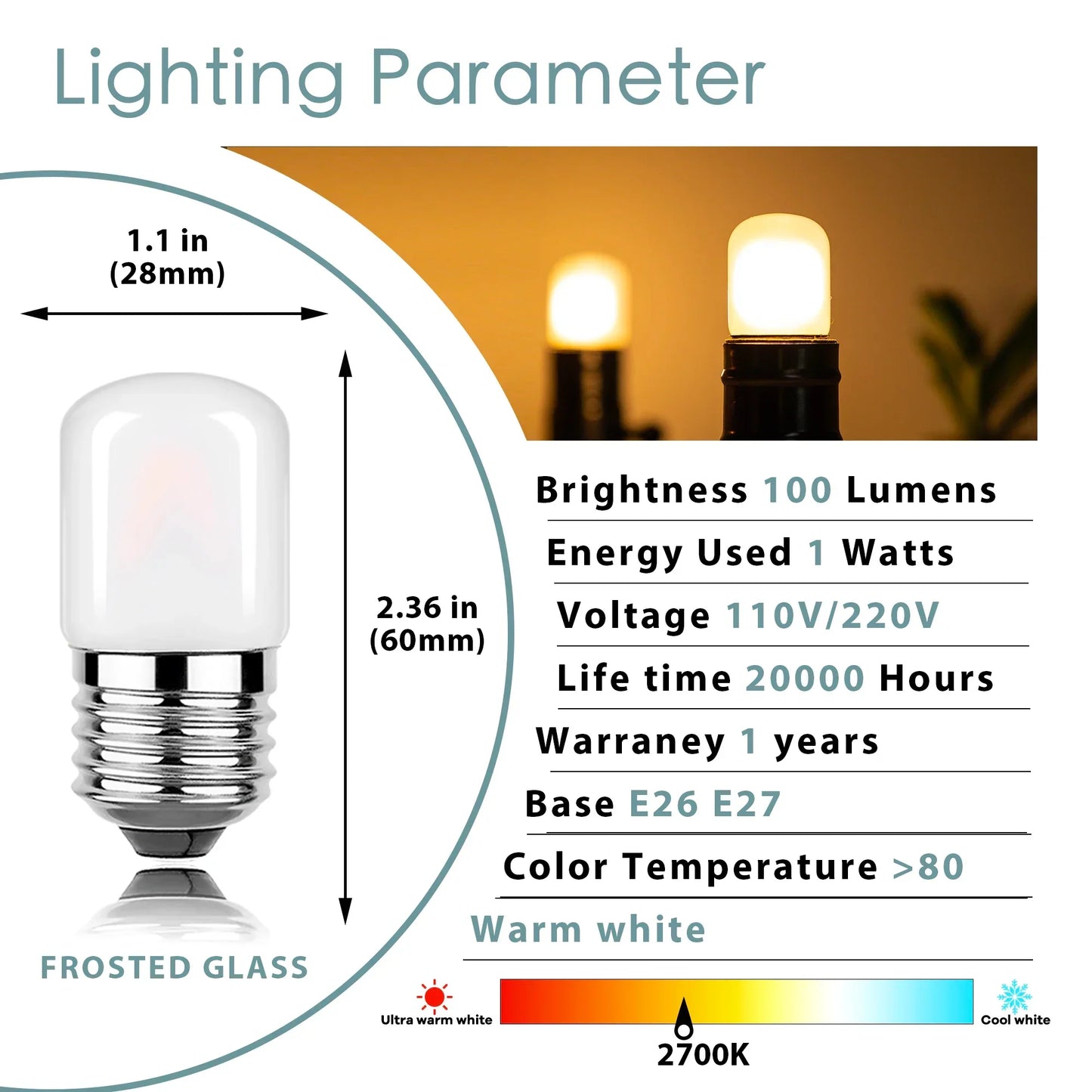 Decorbites™ dimmbare 1W Rohren-LED-Lampen, E27-Sockel, 2700K-6000K, matt - Deckenventilator, Kühlschrank