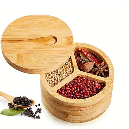 DecorBites™ Bamboo Seasoning Box with Spoon - Rotating Cover Spice Container