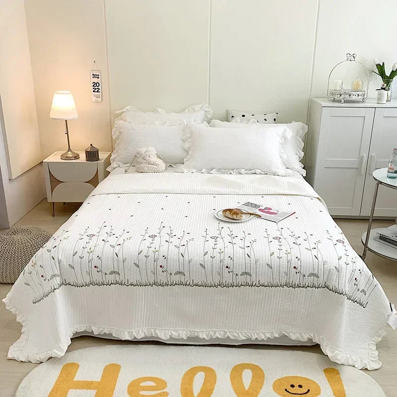 DecorBites™ Fresh Flower Embroidered Summer Quilt Set - Lightweight Ruffled Comforter