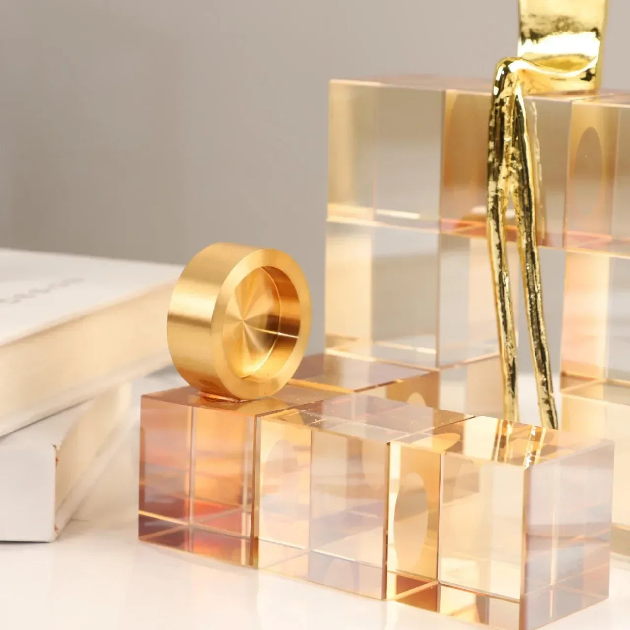 DecorBites™ Geometric Stair Crystal Ornament Metal Gold Sculpture
