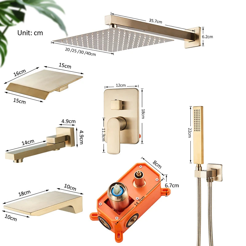 Quyanre Brushed Gold Shower Faucets Set Bathroom Wall Mounted Shower System Embedded Box Shower Mixer Tap Rainfall Shower Faucet