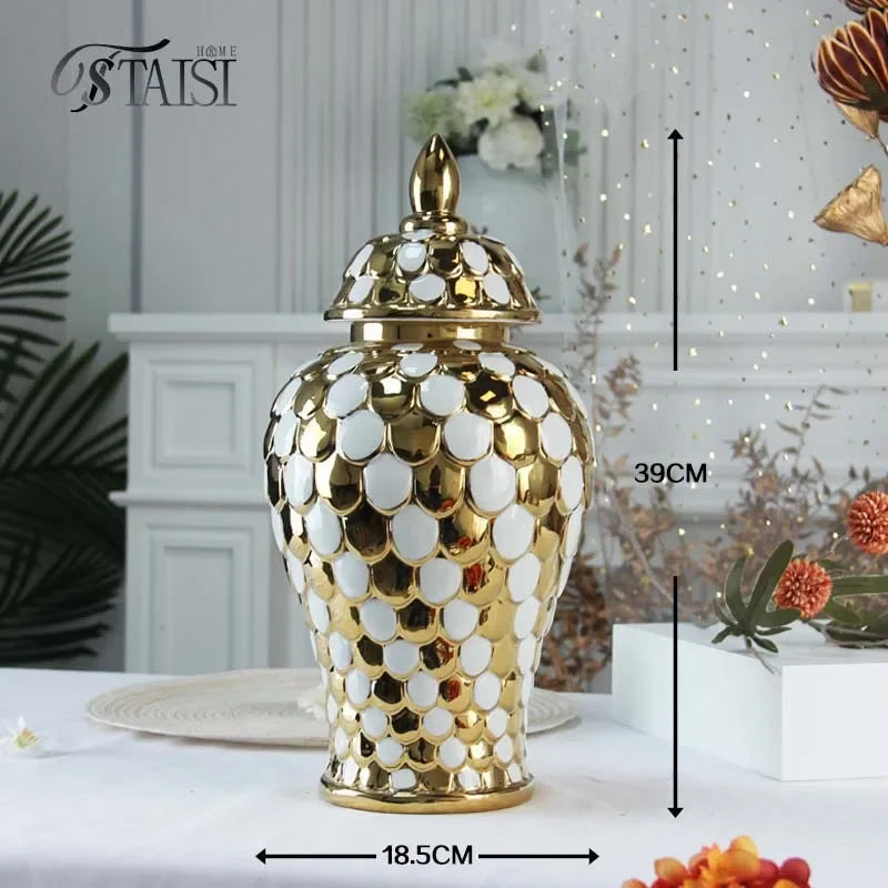 DecorBites™ Geometric Golden Porcelain Jar - Home Decor Vase & Storage Tank