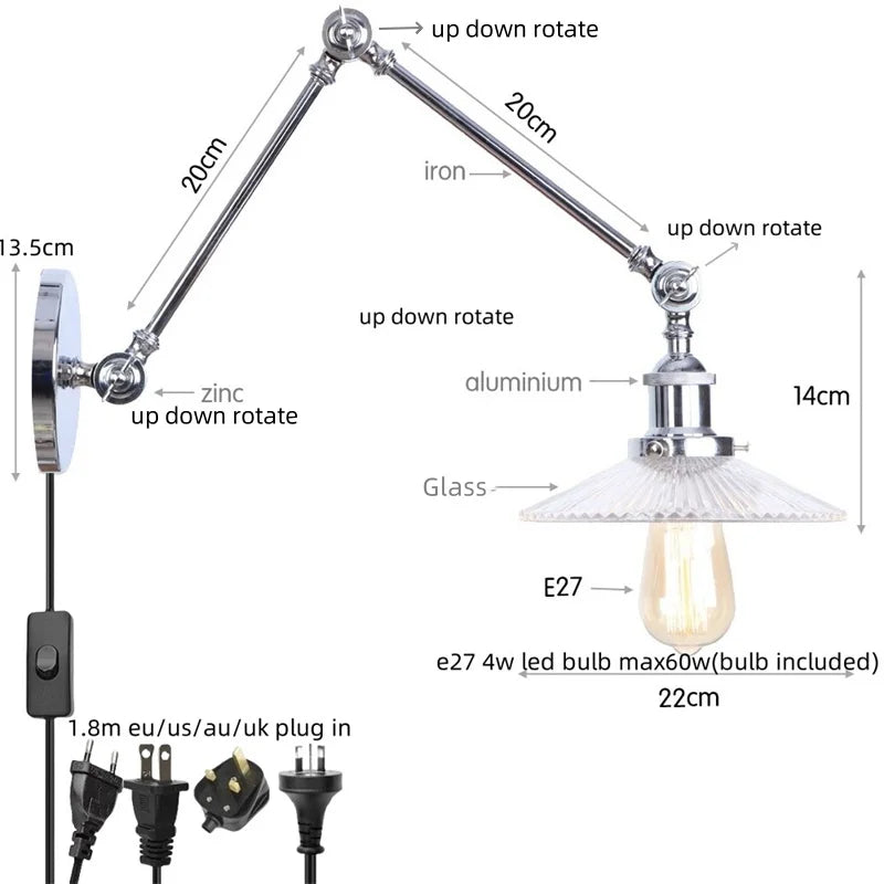Decorbites™ Industrielles Loft Schwenkarm-LED-Wandleuchte Glas Vintage Spiegel-Lampe