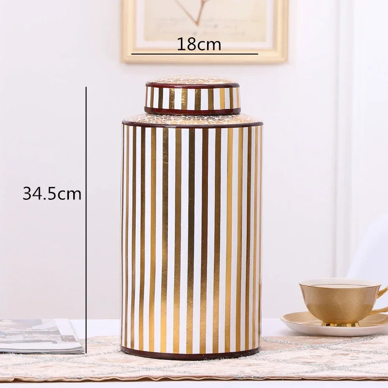 Decorbites™ Goldener Streifen-Keramikvase mit Deckel, moderne Aufbewahrungsglocke für die Hausdekoration