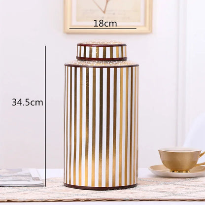 Decorbites™ Goldener Streifen-Keramikvase mit Deckel, moderne Aufbewahrungsglocke für die Hausdekoration