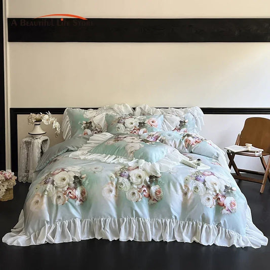 Decorbites™ Französische Blumen-Spitzen-Volants-Bettwäsche-Set: Weiches Seidiges Eis-Seide für Einzel-, Queen- und King-Größen