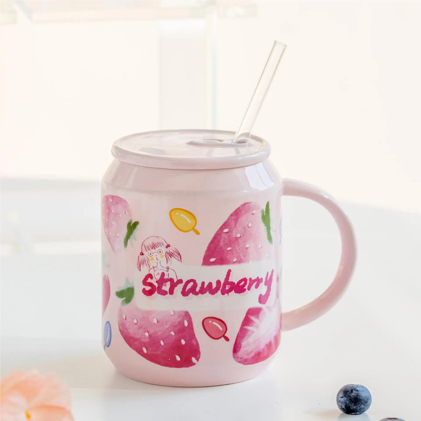 Decorbites™ Fruchtform Keramikbecher mit Deckel und Trinkhalm, niedliches koreanisches Design